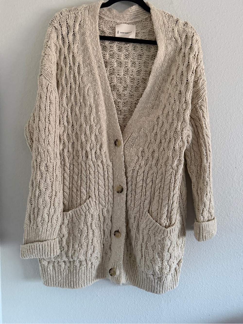 Lucky Brand Long Cardigan Sweater Cable Knit Ivory Cream Cottage Core Fisherman